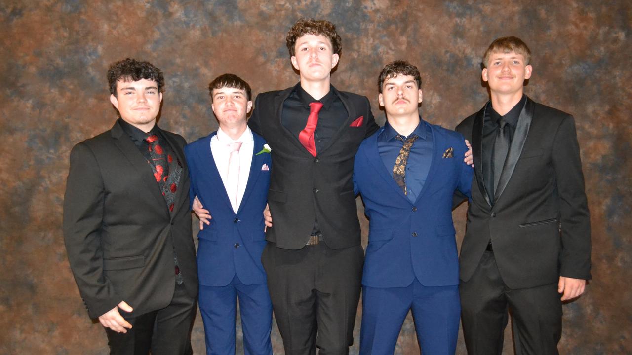 Jarett Cavanagh. Hayden Shearer, Tait Reid, Cooper Boxsell and Bailey Dargusch at Lowood State High School formal in Ipswich Civic Centre on Wednesday, November 13, 2024. Picture: Amber Blums