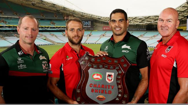 South Sydney coach Michael Maguire, Dragons winger Jason Nightingale, Rabbitohs captain Greg Inglis and St George Illawarra coach Paul McGregor launch the Charity Shield at ANZ Stadium. Picture: Justin Sanson