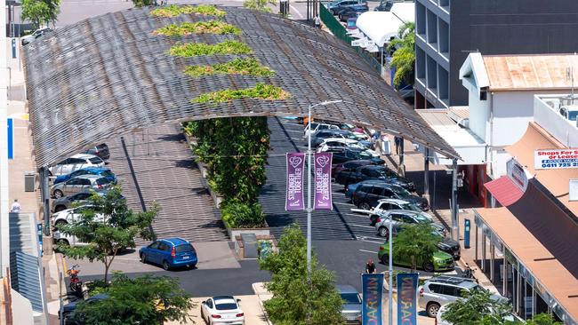 The Cavenagh St shade structure last month. Notice the lack of shade. Picture: Che Chorley