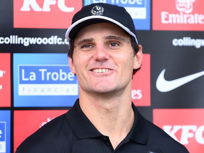 MELBOURNE, AUSTRALIA - DECEMBER 04: Lachie Schultz of the Magpies talks to the media during a Collingwood Magpies training session at Victoria Park on December 04, 2023 in Melbourne, Australia. (Photo by Quinn Rooney/Getty Images)