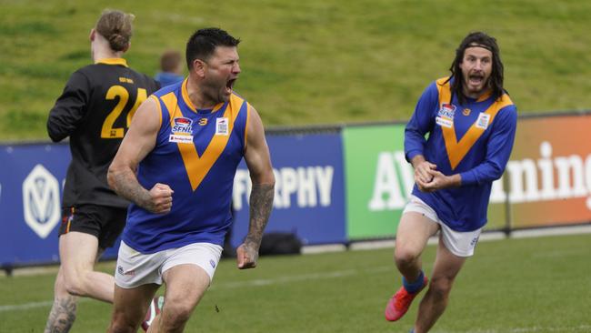 Marc Holt celebrates a goal for Cranbourne. Cranbourne. Picture: Valeriu Campan