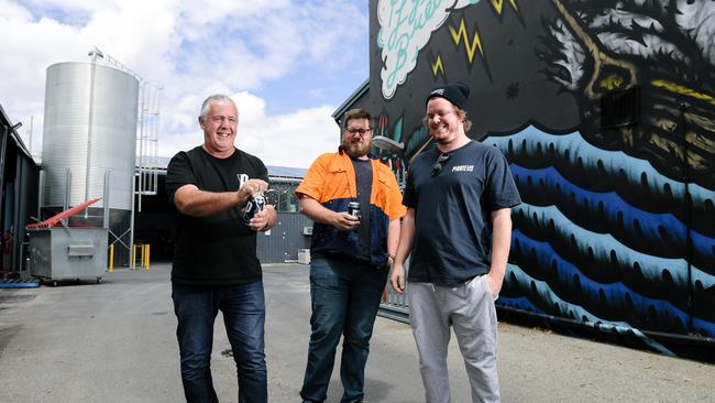 Pirate Life co-founders Michael Cameron, Jared ‘Red’ Proudfoot and Jack Cameron pictured at their Hindmarsh brewery in 2017. Image: Morgan Sette