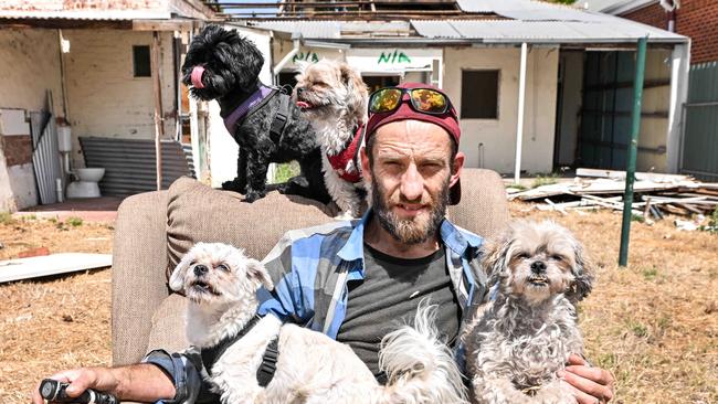 DECEMBER 27, 2024: Homeless man Hayden Patterson at a house he is helping demolish. He has finally found a place in Murray Bridge, with his five dogs. He will move on December 30.Picture: Brenton Edwards