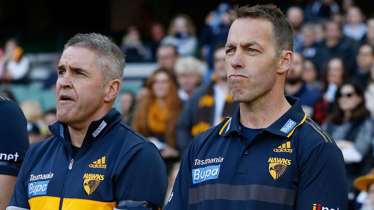 MELBOURNE, AUSTRALIA - SEPTEMBER 5: (L-R) Chris Fagan, Alastair Clarkson and Brett Ratten look on during the 2015 AFL round 23 match between the Hawthorn Hawks and the Carlton Blues at the Melbourne Cricket Ground, Melbourne, Australia on September 5, 2015. (Photo by Michael Willson/AFL Media)