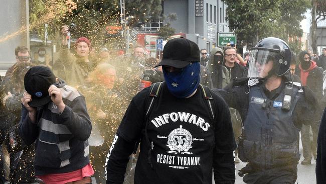 Anti-immigration and anti-racism protesters clash in Coburg. Picture: Julian Smith/AAP