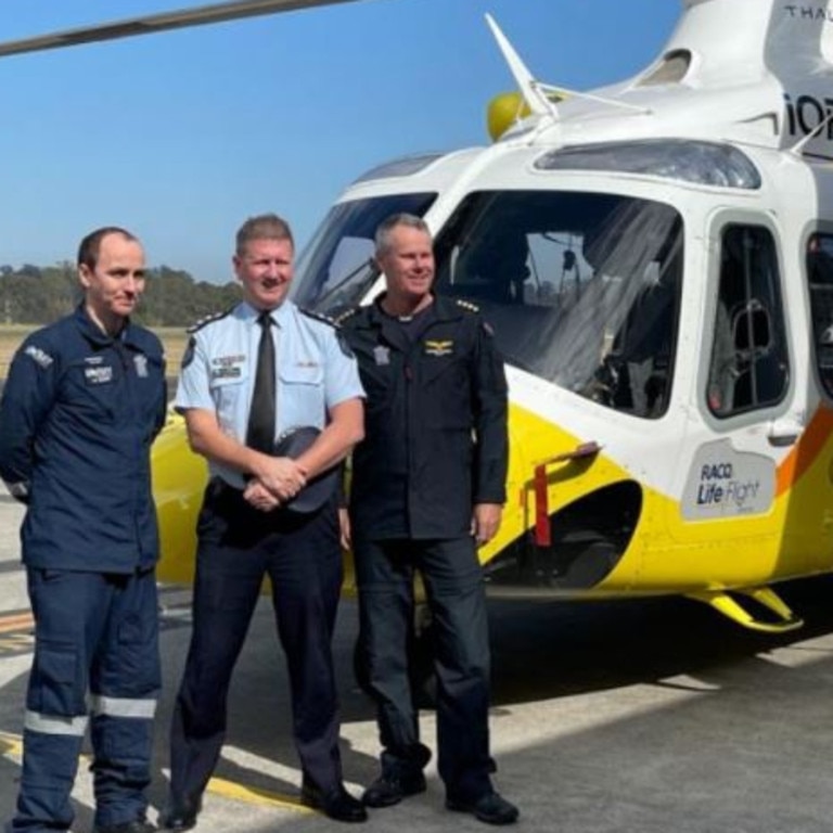 Queensland Police Acting Chief Superintendent Andrew Pilotto with QG Air's Darren O'Brien and Patrick Gillespie. Picture: Matt Johnston