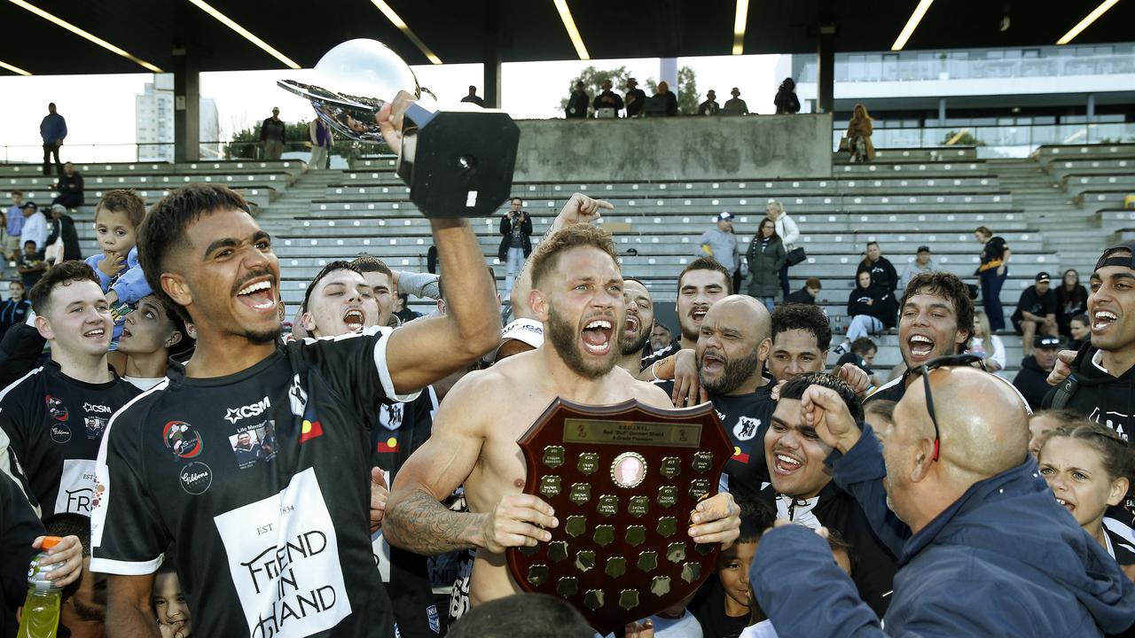 Redfern All Blacks players TJ Speedy Coe and Eli Roberts celebrate their victory over Matraville Tigers. Picture: John Appleyard