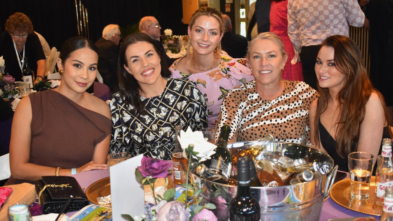 Loyola Boustead, Kate Birse, Tammy Lang, Adriana Lang and Eleni Grady-Douglas at the Rockhampton Cup race meeting at Callaghan Park on July 13, 2024.