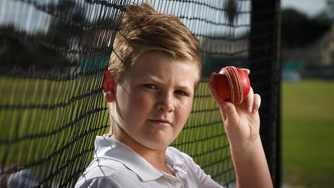 Brody Mair, 11, in the nets of Largs Bay Reserve — with a hard cricket ball. Picture: Matt Turner