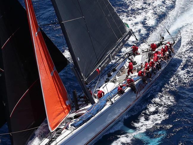 Wild Oats XI during the start of the 2018 Sydney Hobart Yacht Race in Sydney. Picture: Brett Costello