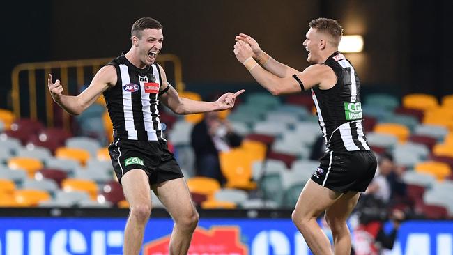 Collingwood debutant Trey Ruscoe celebrates after scoring his first goal. Picture: Getty Images