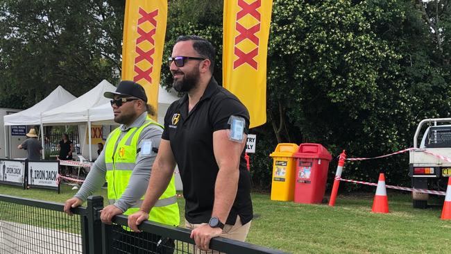 Hernes Security staff L-R Fotofili Essau and Levi Loughlin keep an eye on the crowd at the NRL game between the GC Titans and the NZ Warriors on February 2, 2021. Photo: Alison Paterson