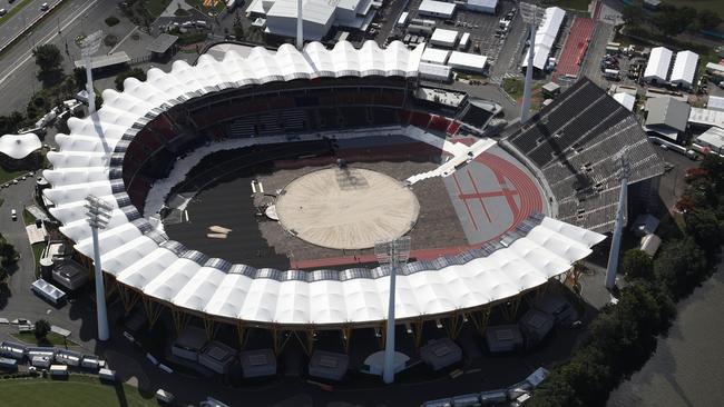 Sand inside Carrara Stadium as the venue is transformed into the stage for the Opening Ceremony of the Gold Coast Commonwealth Games. Picture: Nigel Hallett.