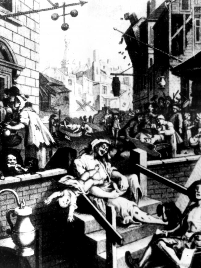 Illustration by artist Hogarth of drunken people on streets of London in Gin Lane, early 18th century.