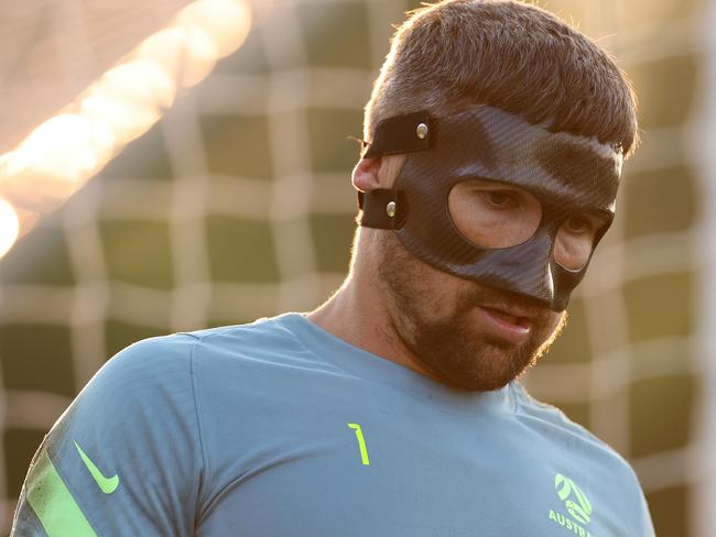 DOHA, QATAR - JANUARY 10: Australian goalkeeper Mat Ryan  looks on during an Australia Socceroos training session ahead of the the AFC Asian Cup at Qatar University Field 11 on January 10, 2024 in Doha, Qatar. (Photo by Robert Cianflone/Getty Images)