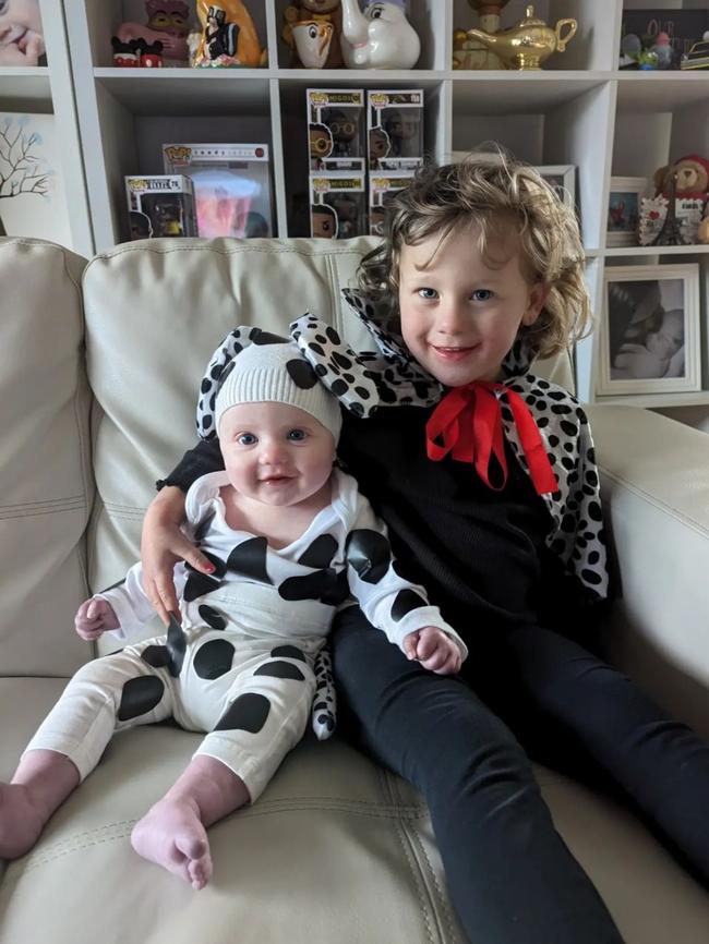 Raegan, 3, Mallorie, 4 months, Cruella De Vil and Dalmatian