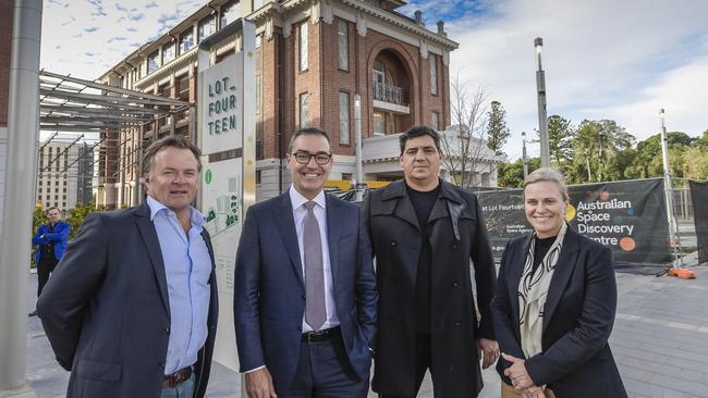 Tech firm LVX Global is setting up headquarters at Lot Fourteen. Josh May (LVX chairman), Premier Steven Marshall and LVX’s Corey Gray and Di Dixon at the site. Pic Roy VanDerVegt