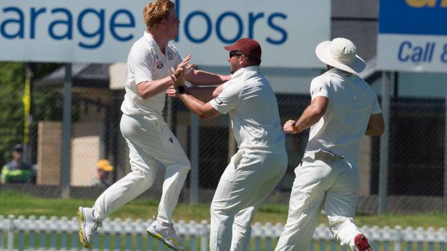 Tea Tree Gully’s Tom Barrett celebrates a wicket in the 2021-22 two-day grand final against West Torrens. Picture: Simon Stanbury