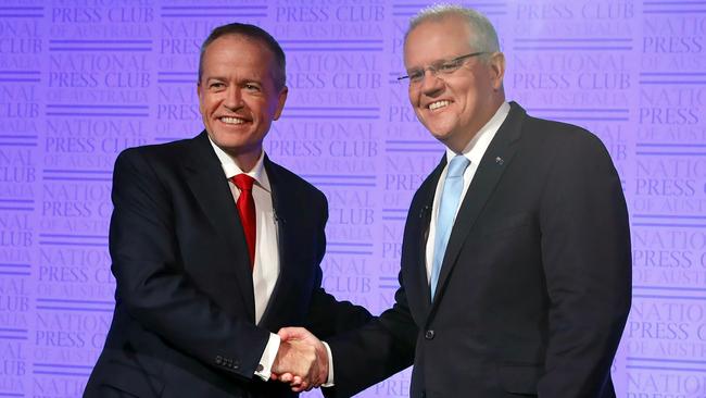 Bill Shorten and Scott Morrison at the final leaders’ debate at the National Press Club in Canberra. Picture: AFP