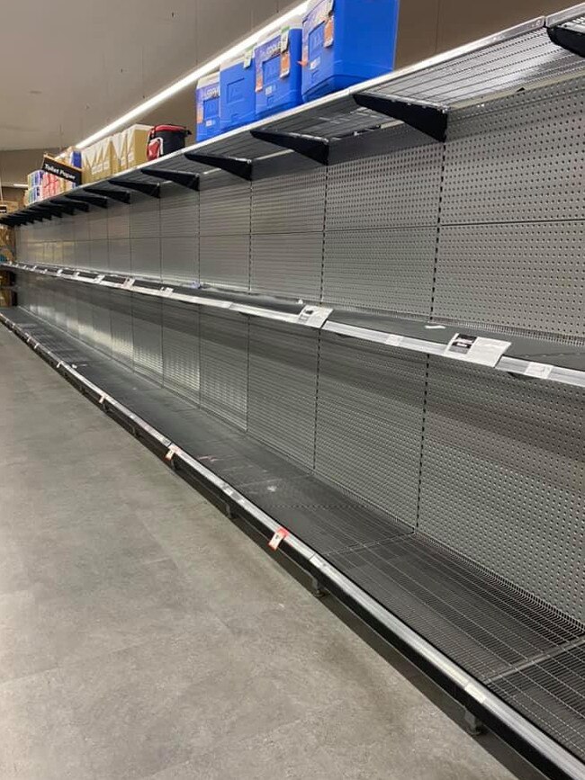 Empty toilet paper shelves at St Clair Woolworths. Picture: Iriny Bodrilla/Facebook