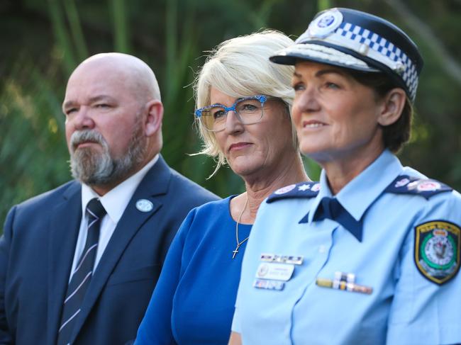 SYDNEY, AUSTRALIA - Newswire Photos - MAY 15:President of the Police Association of NSW, Kevin Morton, Minister for Police and Counter-terrorism; Yasmin Catley, Commissioner of the New South Wales Police Force, Karen Webb watch on during a press conference at Parliament House in Sydney to provide an update on Police recruitment. Picture: NCA Newswire / Gaye Gerard