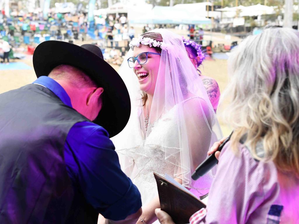 Simone Ward and Geoffrey Borninkhof, were married on The Hill Stage at Gympie Music Muster. Picture: Patrick Woods.