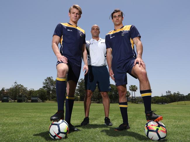 Bond University players Aidan Crayton and Joe Allocca with coach Sean Johnson (centre). Picture: Glenn Hampson