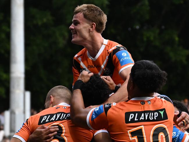 NRL 2025 RD08 Wests Tigers v Cronulla-Sutherland Sharks - Lachlan Galvin, Celeb. Picture: NRL Photos