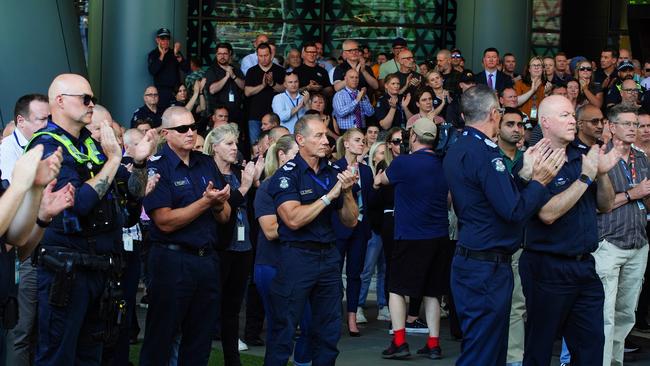 Hundreds of officers gathered on Spencer St. Picture: NewsWire / Luis Enrique Ascui