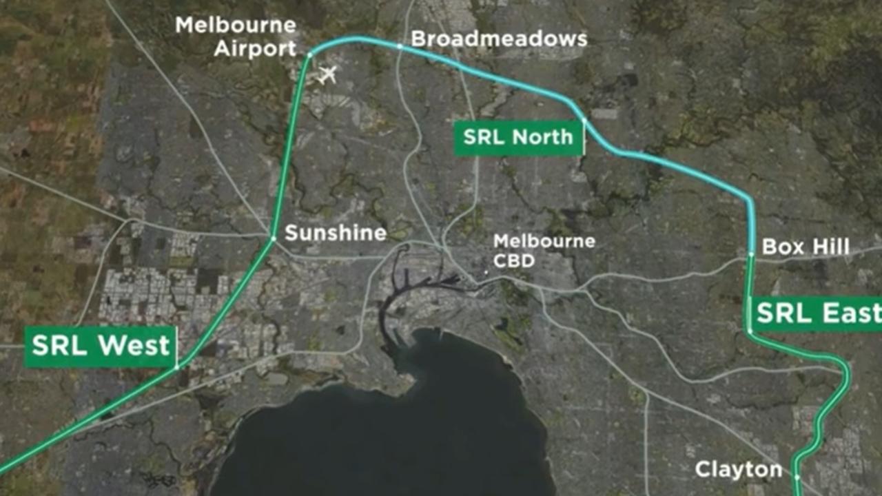 The complete route planned for the Suburban Rail Loop. SRL East will run between Cheltenham and Box Hill and cost $30-34.5bn, opening by 2035. Image: supplied.