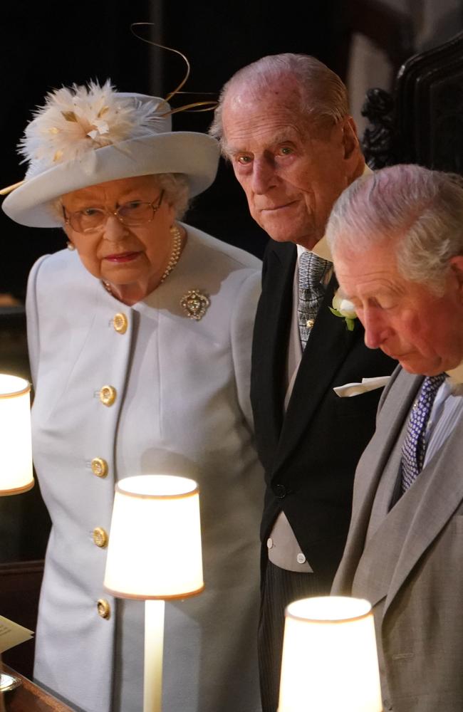 WINDSOR, ENGLAND - OCTOBER 12: Queen Elizabeth II Prince Philip, Duke of Edinburgh and Prince Charles, Prince of Wales attend the wedding of Princess Eugenie of York and Mr. Jack Brooksbank at St. George's Chapel on October 12, 2018 in Windsor, England. (Photo by Owen Humphreys - WPA Pool/Getty Images)