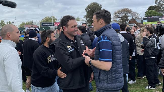 Glenunga coach Nathan Grima congratulates Port District coach Josh Ramsey. Picture: Daniel Renfrey