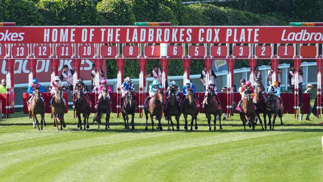 Horses jump from the barriers at the start of the Ladbrokes Cox Plate at Moonee Valley. Picture: Pat Scala / Racing Photos