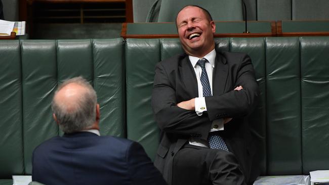 Scott Morrison and Treasurer Josh Frydenberg, right, during Question Time in the House of Representatives at Parliament House in Canberra. Picture: AAP