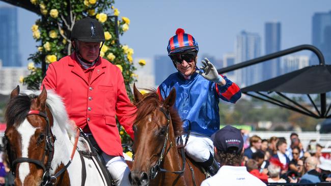 Blake Shinn returns to the mounting yard on Picaroon after winning the Melbourne Cup Carnival Country Final at Flemington. Picture: Reg Ryan