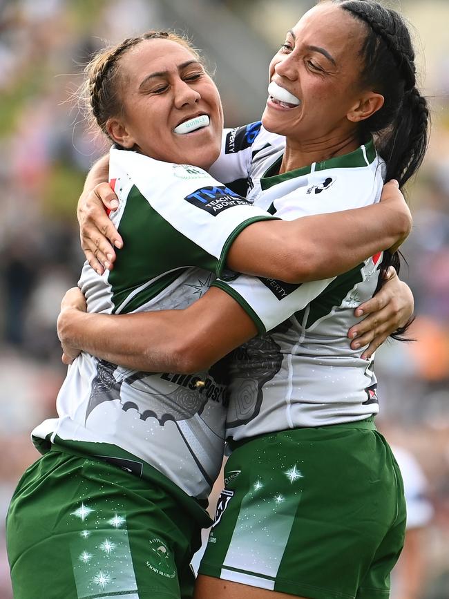 Amy Turner of the Maori All Stars celebrates scoring a try with Ashleigh Quinlan of the Maori All Stars during the 2023 NRLW All Stars match between Indigenous All Stars and Maori All Stars at Rotorua International Stadium on February 11, 2023 in Rotorua, New Zealand. (Photo by Hannah Peters/Getty Images)