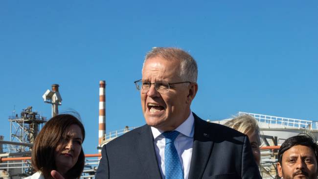 Prime Minister Scott Morrison visits Viva Energy Oil near Geelong to announce a $125 million investment in this refinery as part of the $250 million Refinery Upgrades Program. 
Picture: NCA / Jason Edwards