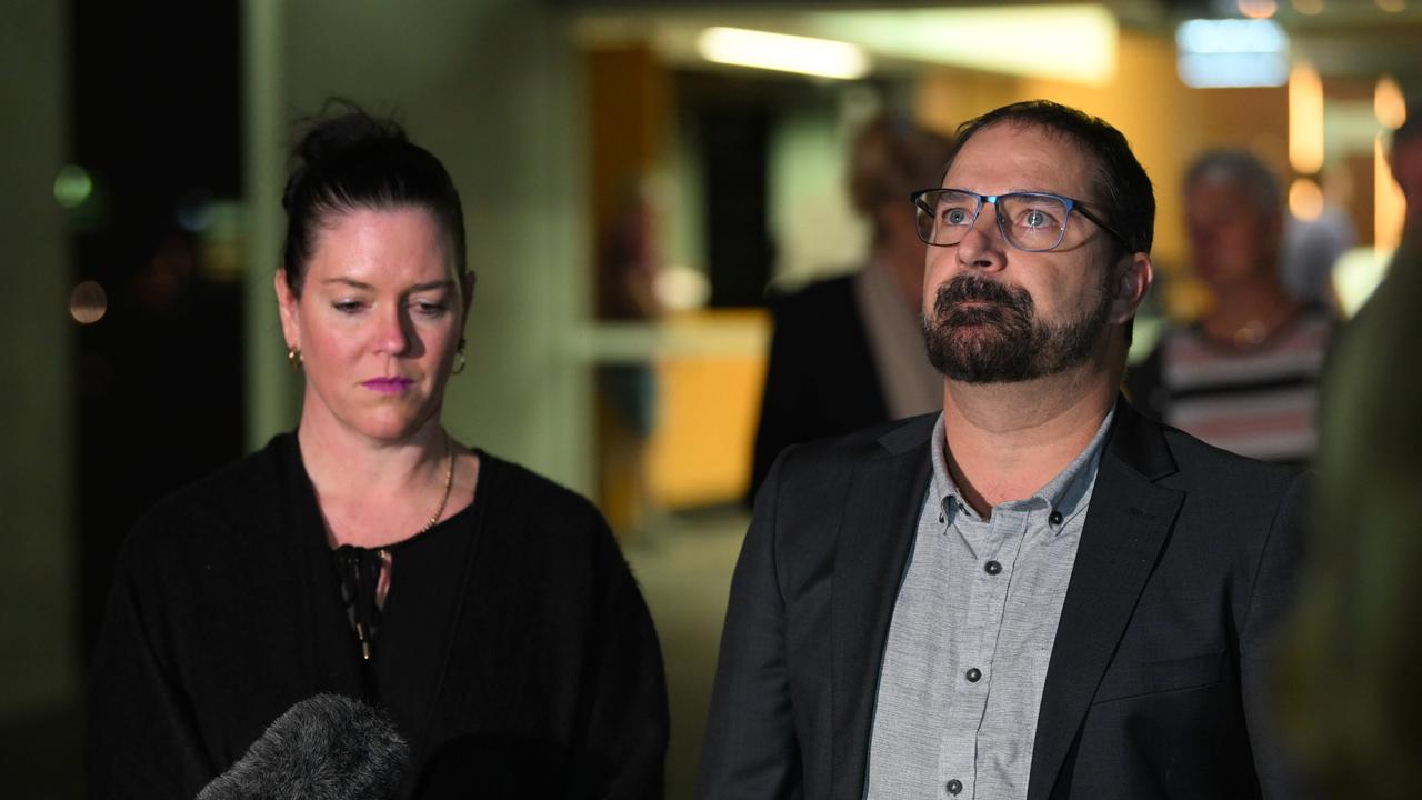 Michael and Kerri-Lyn Stewart talk outside the Brisbane Supreme Court, after a teenager was found guilty of manslaughter for stabbing their son Balin outside his home on the Sunshine Coast .Picture: Lyndon Mechielsen/Courier Mail