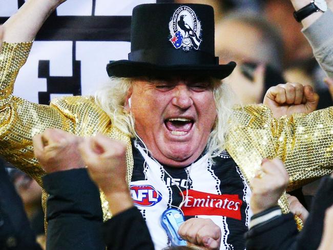 MELBOURNE, VICTORIA - SEPTEMBER 21:  Magpies cheersquad legend Joffa Corfe celebrates a goal during the AFL Preliminary Final match between the Richmond Tigers and the Collingwood Magpies on September 21, 2018 in Melbourne, Australia.  (Photo by Michael Dodge/AFL Media/Getty Images)