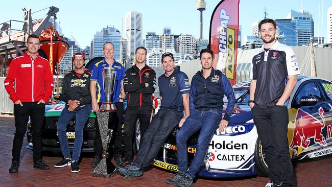 Supercars drivers Scott McLaughlin, Chaz Mostert, Steve Richards, David Reynolds, Craig Lowndes, Jamie Whincup and Scott Pye at the Bathurst 1000 launch. Picture: Tim Hunter.