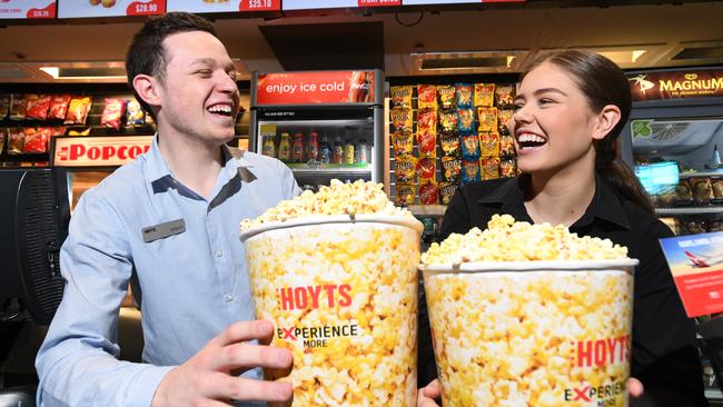 Hoyts staff in pre-pandemic times. Hoyts can operate at least 430 screens across Australia and New Zealand and has rental machines in 650 locations, along with the Val Morgan cinema screen advertising operation. Picture: AAP