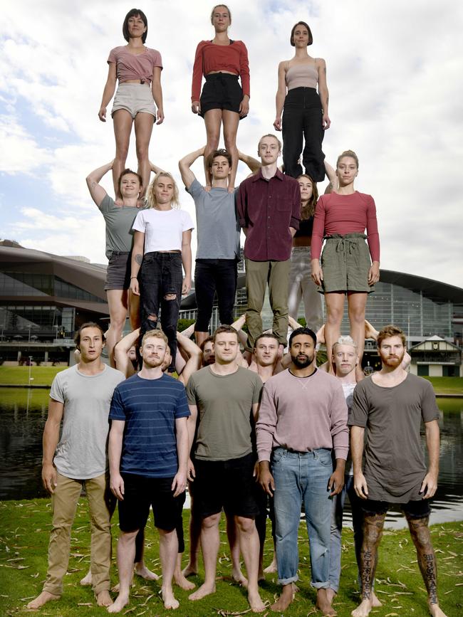 Gravity &amp; Other Myths recreates a scene from The Pulse, part of the 2021 Adelaide Festival, at Pinky Flat. Picture: Naomi Jellicoe