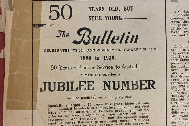 The Bulletin mistakenly celebrating its 50th anniversary five years early. Gold Coast Bulletin advertising, 1930,.