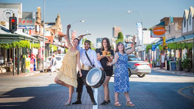 Amy McLaughlin of Cibo, Chris Zakhour of Zaffitsa, Alexandra Brown of Hyde Park Tavern and Shirley Lindner of Blue Illusion are looking forward to the Unley Gourmet Gala on King William Rd. Picture: AAP/Roy VanDerVegt