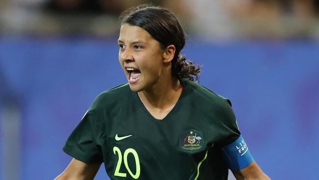 Matildas captain Sam Kerr celebrates scoring her fourth goal against Jamaica. Picture: Getty Images