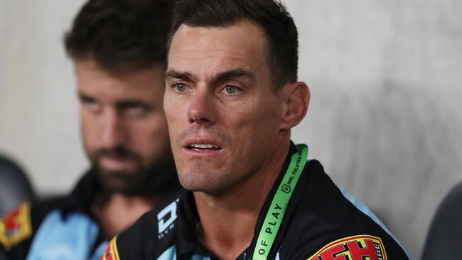 SYDNEY, AUSTRALIA - MARCH 27:  Sharks head coach John Morris looks on during the round three NRL match between the Parramatta Eels and the Cronulla Sharks at Bankwest Stadium on March 27, 2021, in Sydney, Australia. (Photo by Matt King/Getty Images)