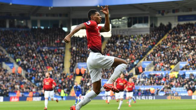 Marcus Rashford celebrates scoring against Leicester City. Picture: AFP