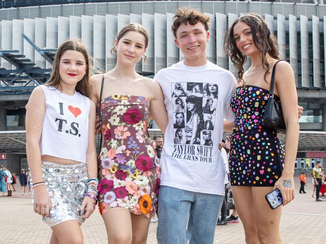 SYDNEY, AUSTRALIA - Daily Telegraph Photos February 26, 2024: Lily, Annabelle, Ockert and Jade at Taylor Swift's The Eras Tour concert held at Accor Stadium in Sydney. Picture: Christian Gilles