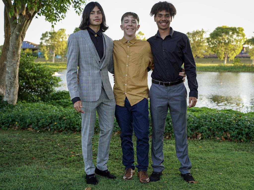 Egan Baker, Cameron Dhu and Jermaine Quakawoot at the Mackay North State High School formal at Windmill Function Centre, November 19, 2021. Picture: Heidi Petith