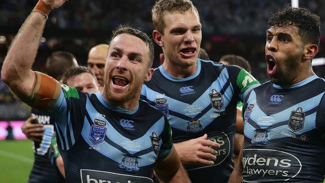 NSW's Tom Trbojevic and James Maloney celebrate a late try by Josh Addo-Carr during State of Origin Game 2 at Optus Stadium, Perth. Picture: Brett Costello